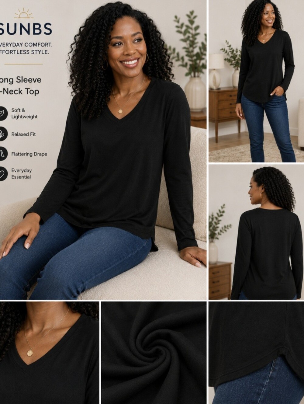 SUNBS Women's Size Medium NWT Long Sleeve V-Neck Tunic Tops,  Black